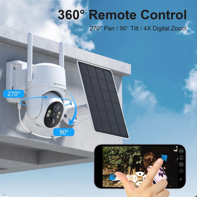 HOSAFE.COM Solar Security Cameras Wireless Outdoor, 360° PTZ Remote Cameras for Home Security Solar Powered, 2K 3MP Security Camera Outdoor Wireless with Spotlight Color Night Vision, PIR Sensor, 2-Way Audio - Image 3